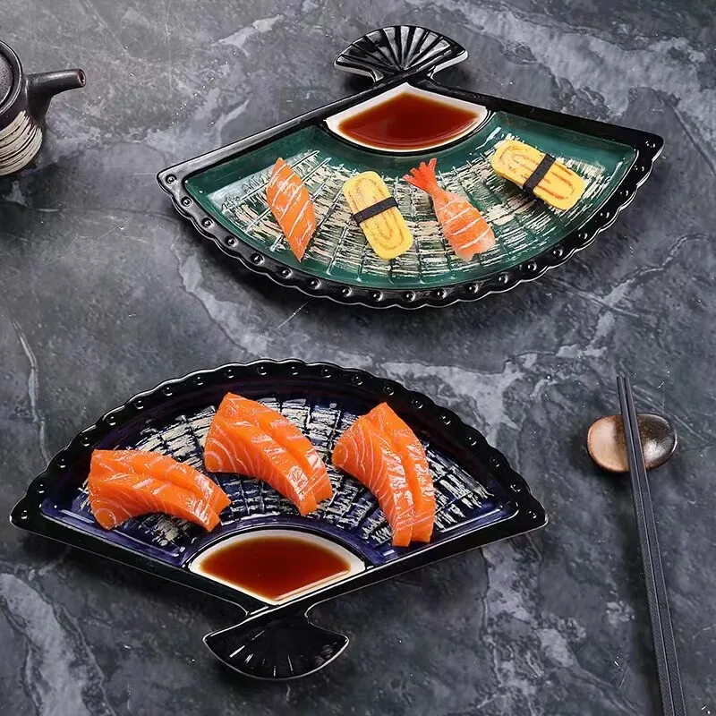 Japanese Fan-Shaped Ceramic Sushi Plate,ceramic dipping dish for sashimi plate,creative Japanese food arrangement tableware