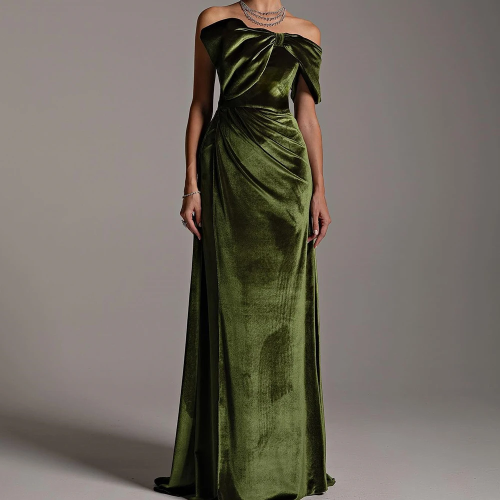 Temperament Velvet Pleats Bow One Shoulder Evening Dresses Exquisite A-Line Short Sleeves Green Party Gowns Saudi Arabia 2024