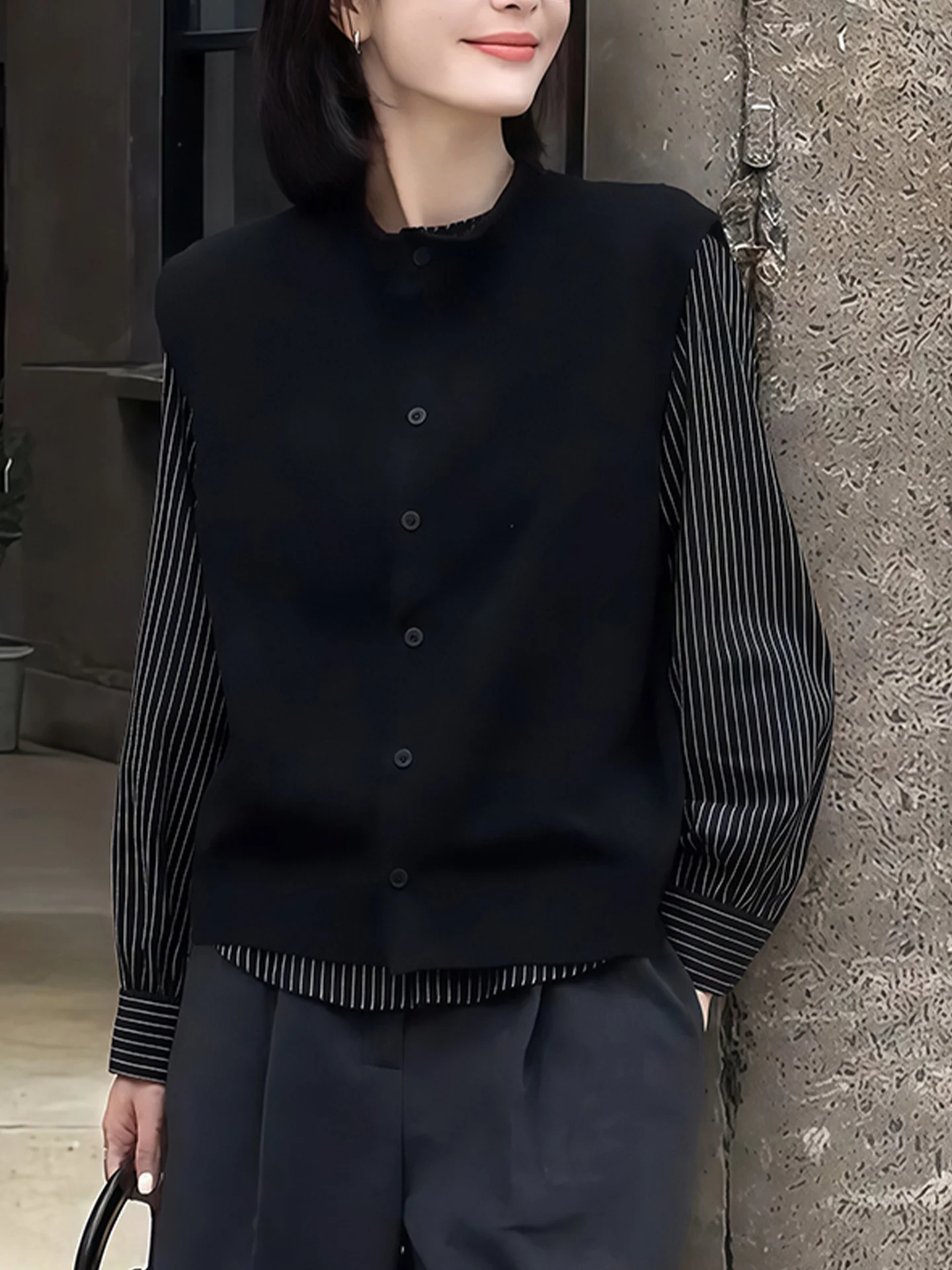 سترة نسائية بسيطة التصميم بزر واحد وياقة مستديرة، كارديجان أنيق للخريف