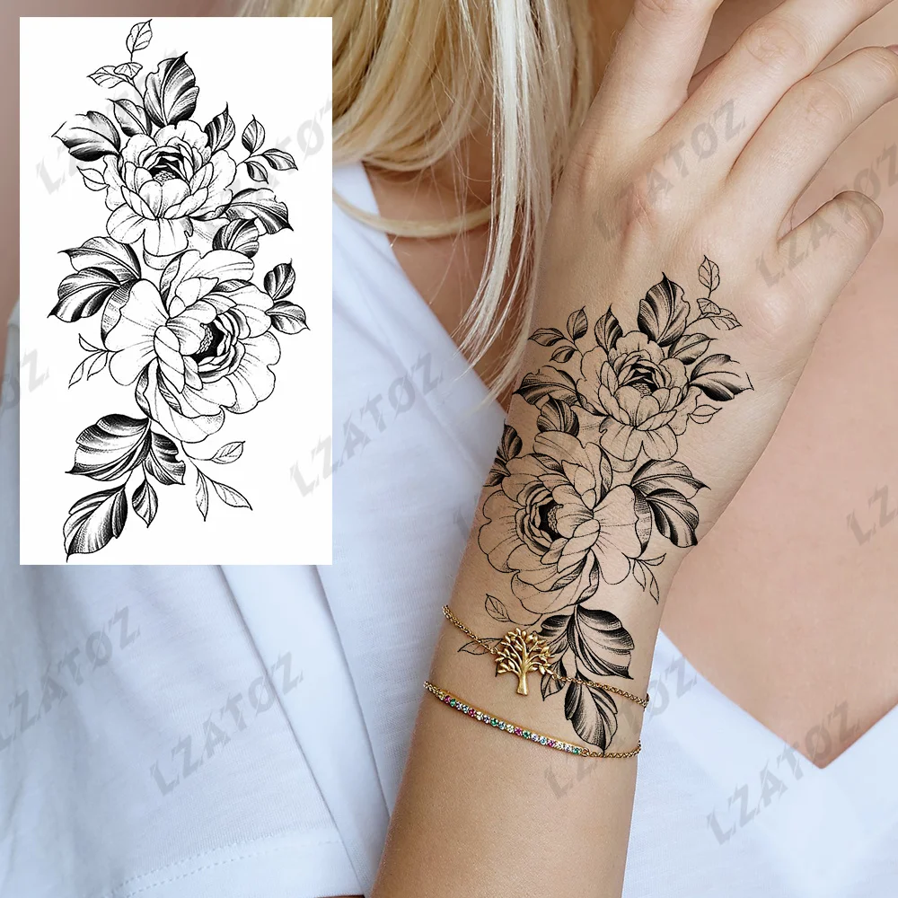 Black Peony Flower Temporary Tattoos For Woman Adults Realistic Fake Rose Dahlia Tattoo Sticker DIY Hand Washable Tatoos