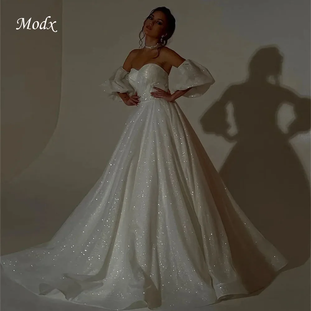 MODX Maßgeschneidertes Glitzer-Hochzeitskleid Pailletten-Abendkleid mit Sweetheart-Ausschnitt Puffärmeln A-Linie und Breiter Schleppe Festliche Kleider