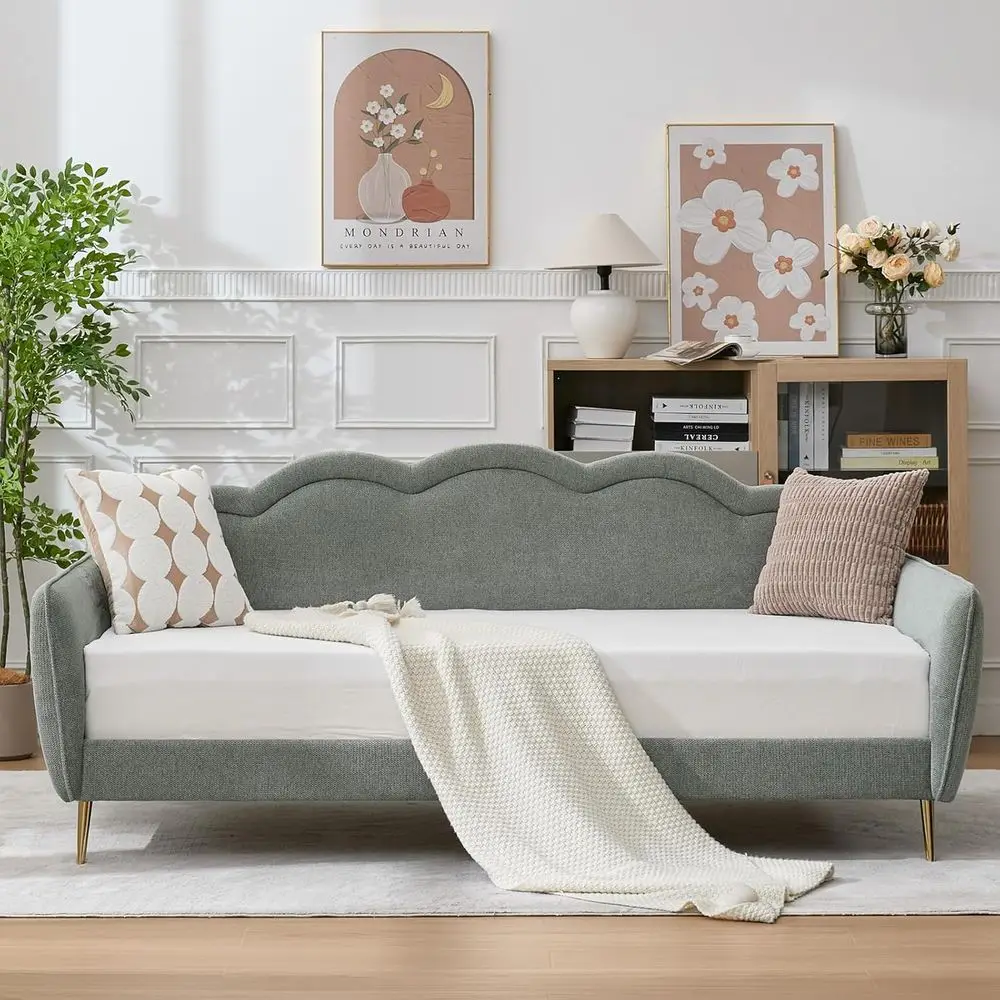

Twin Upholstered Daybed with Cloud-Shaped Backrest, Linen Sofa Bed with Metal Legs, Wood Slat Support, Sage Green for Bedroom, L