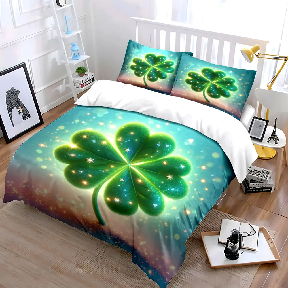 Four-leaf Clover with Sparkling Stars Duvet Cover Set with 3D Printing Design Soft Polyester Bedding Set All-Season Comfort