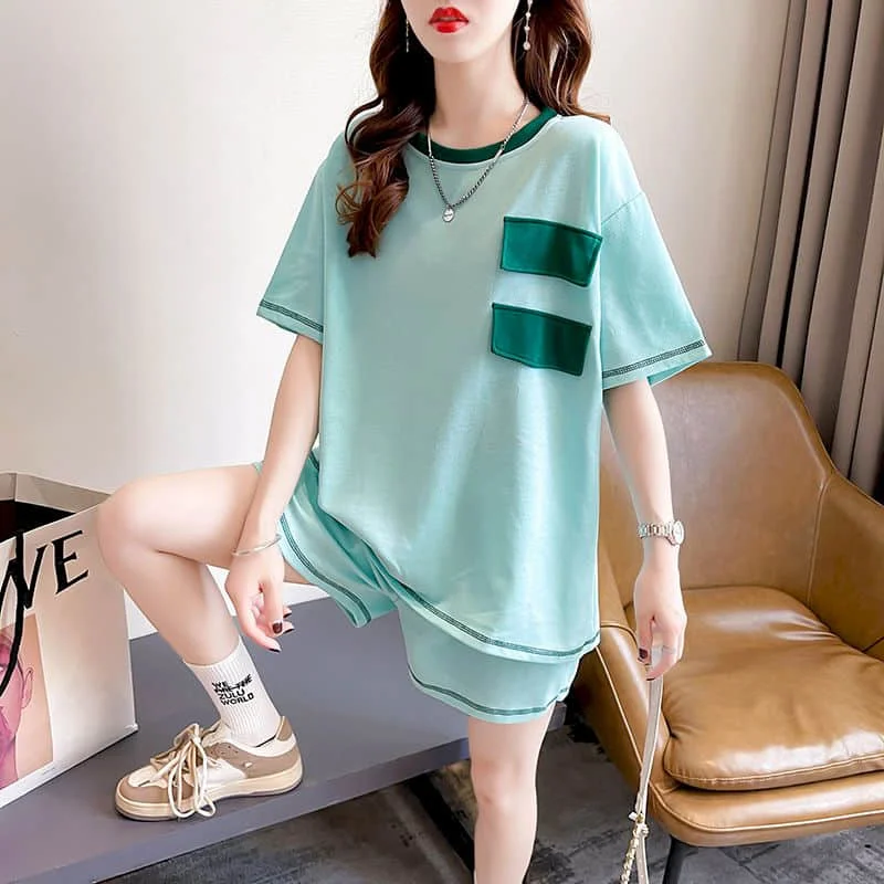 

Sporty Shorts Set Loose Korean Style Contrasting Colors Short Sleeve T-shirt 2 Piece Sets Women Outfits Summer Sportswear Suits