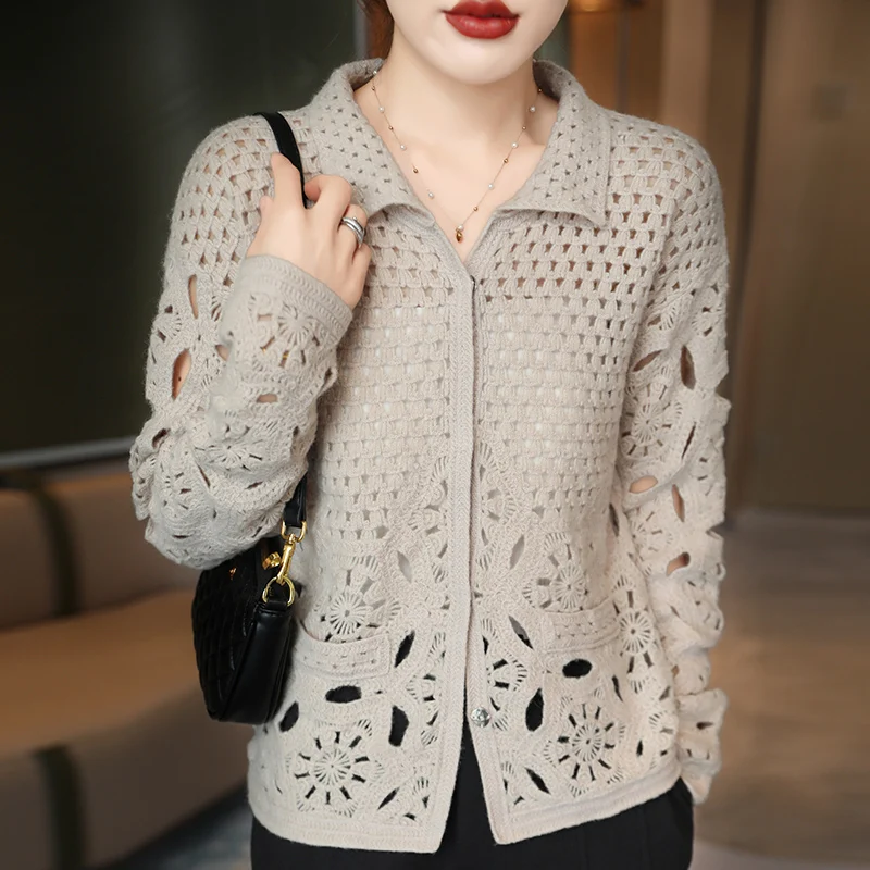 Embroidered Hollow Pure Wool Knitted Cardigan Women\'s Lapel Loose Fashion Casual Single-Breasted Long-Sleeved Coat JQ324