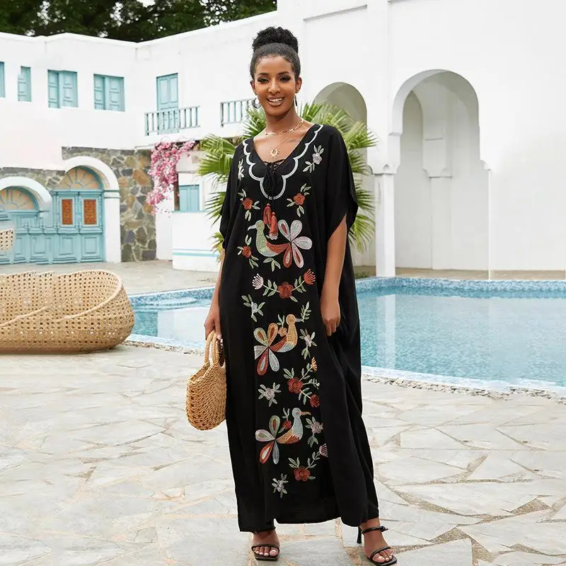 Black Vintage Embroidered Beach Dress Long Sarong Cardigan Bikini Cover-ups Wrap Dress Beach Wear Swim Suit Cover Up