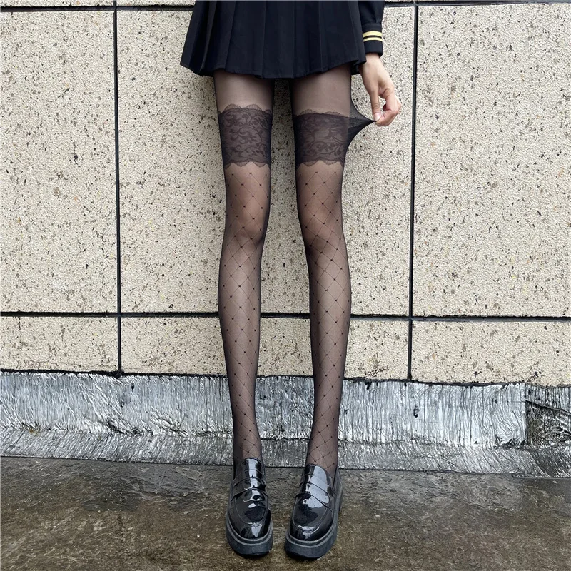 Thigh Lace Rhombus Plaid Pantyhose Thin Jacquard Black Silk Stockings Women's Sexy Internet Celebrity Ins Trendy Black Stockings