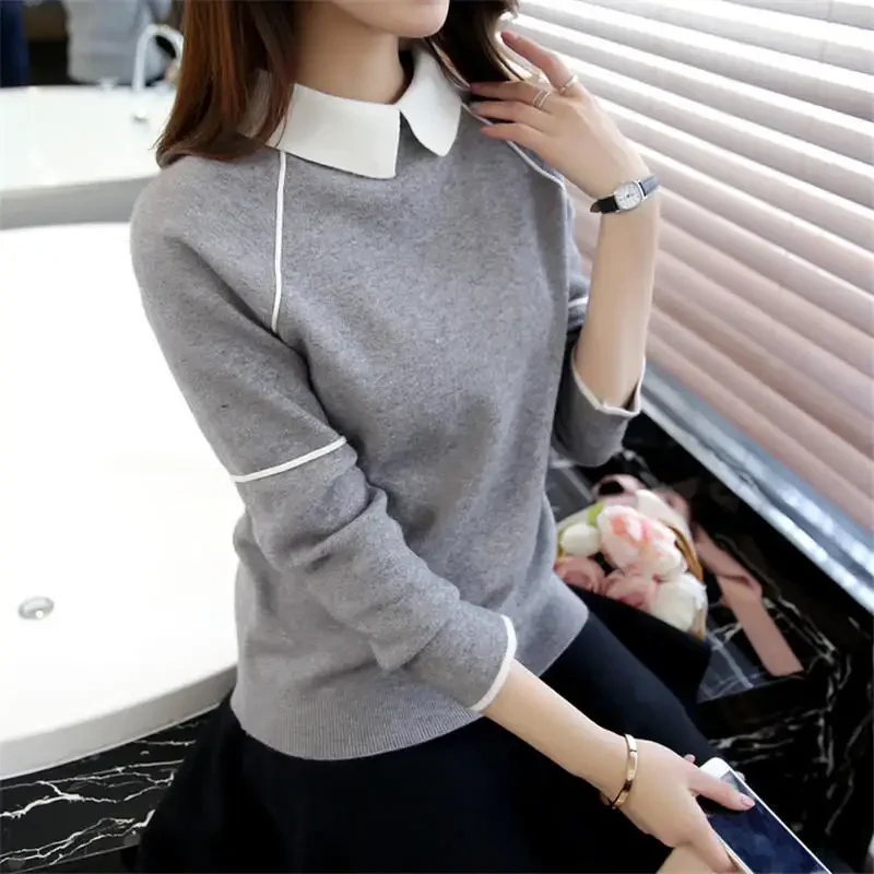 Neploe 2023 New Doll Collar Sweater Women Contrast Color Patchwork Pullover Long Sleeve Fashion Bottoming Sweaters Jumper 37230