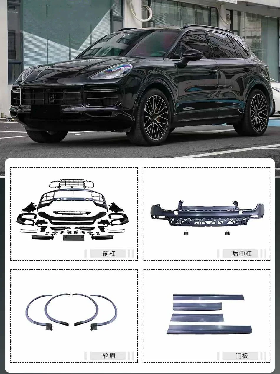 Karosserie-Kit für Porsche Cayenne 9Y0 2018-2023 Modifizierte Umrandung Vordere Stoßstange Hintere Stoßstange Radlaufverbreiterung Türleiste Auto-Zubehör