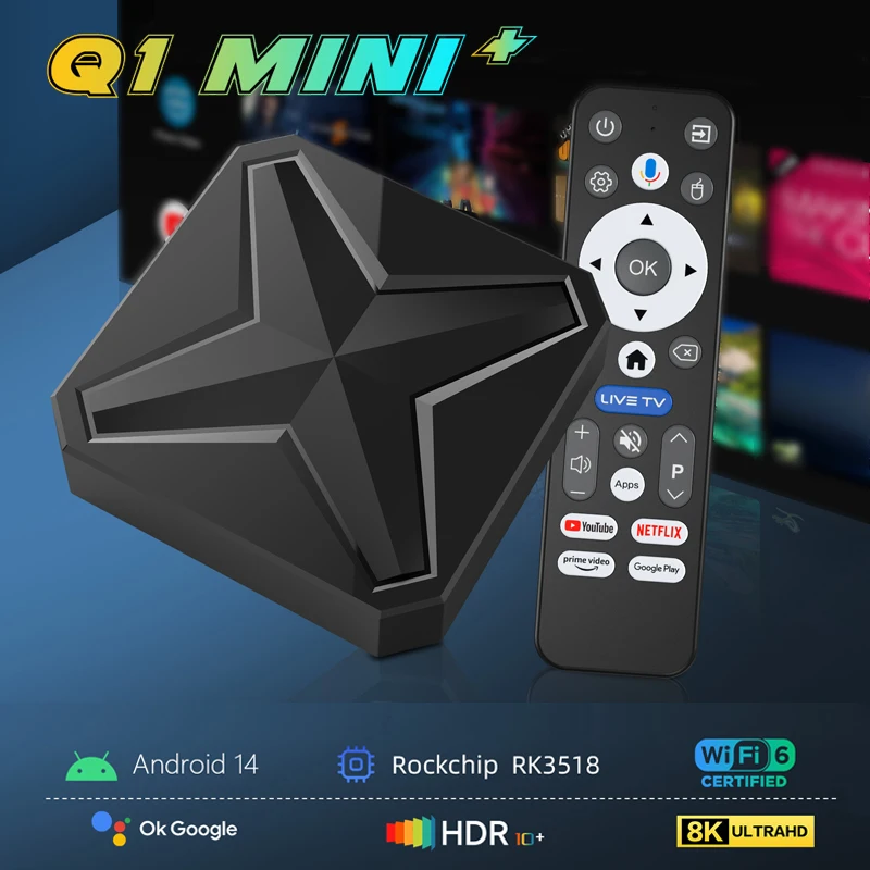 その他 Q1 MINI+ TV BOX S Android 14 8K Q1 MINI+ Android 14.0 8K Smart TV Box RK3518 Voice Remote 2.4G 5G
