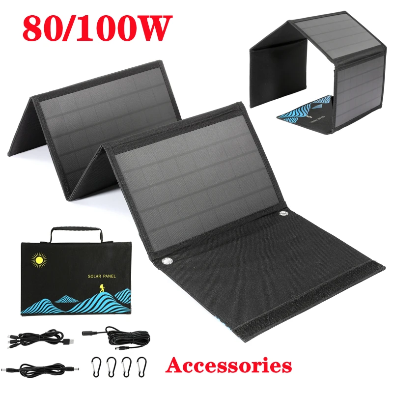 

80W/100W Solar Panel Folding Bag USB+DC Output Charging Device Portable Foldable Bag Outdoor Travel Hiking Campaing Power Supply