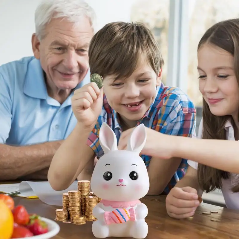 Tirelire lapin incassable pour enfants, boîte à monnaie, figurine de bureau, banque de lapin de dessin animé, pot d'économie d'argent, figurine animale mignonne