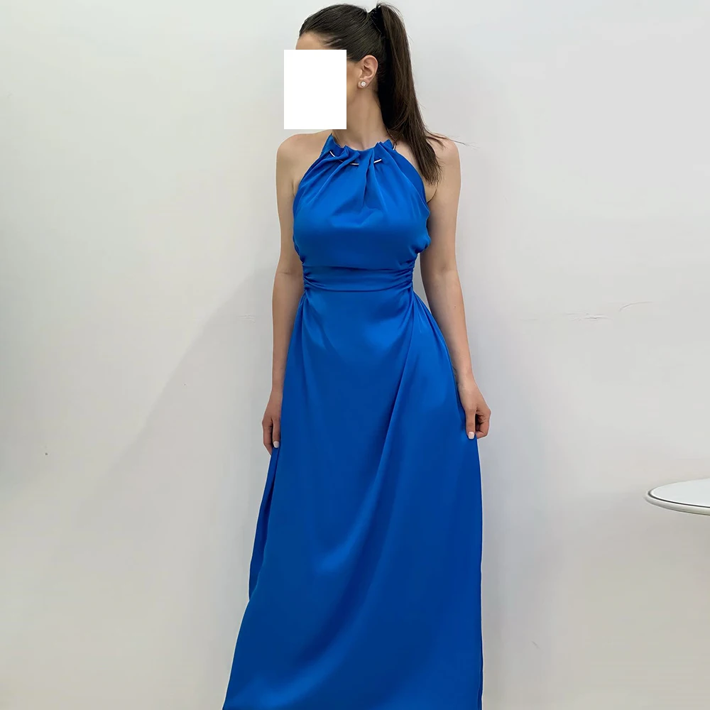 

Simple Straight Blue Floor Length Evening Dress Modern Halter Jersey Sleeveless Pleats Saudi Arabia Bespoke Occasion Gowns