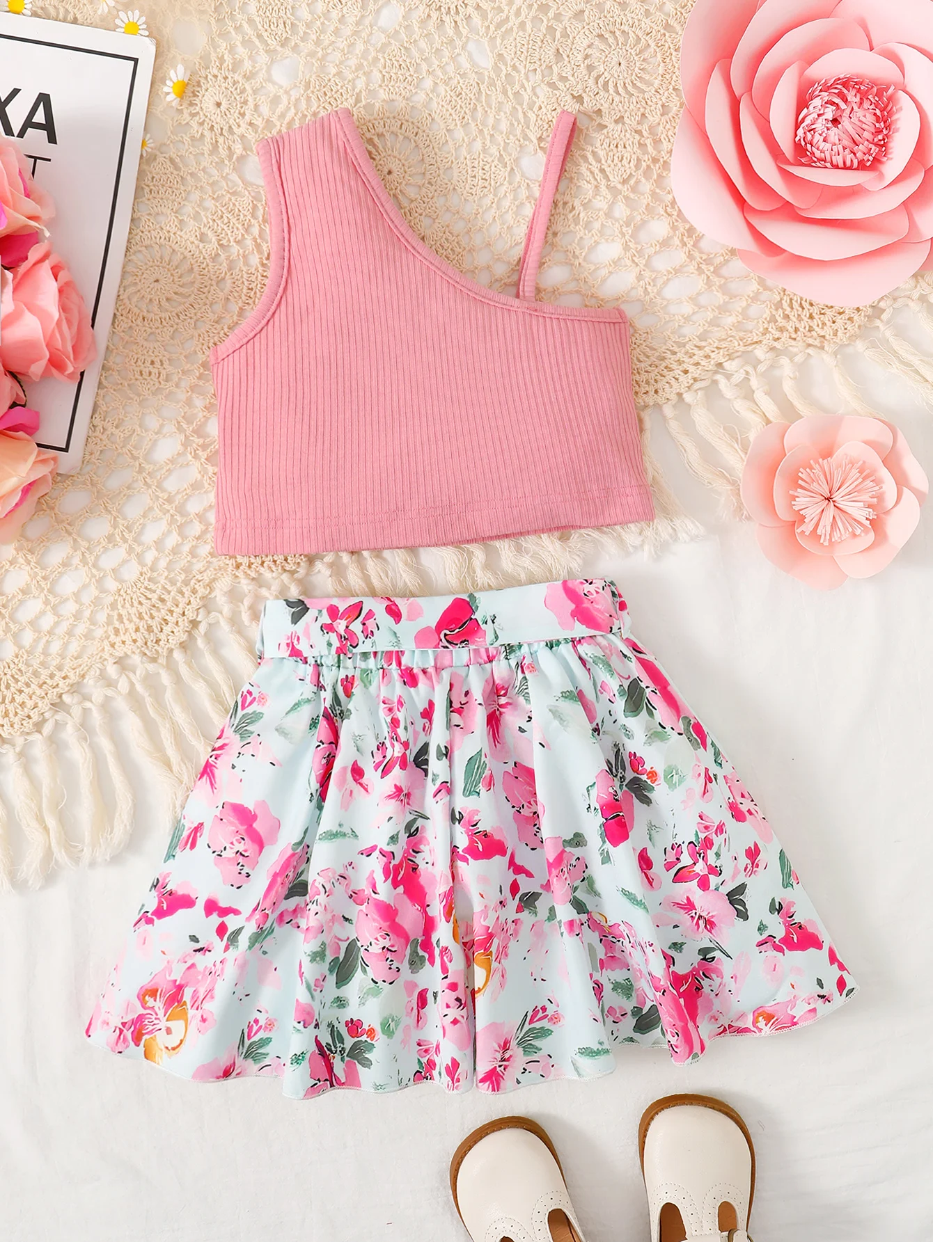 Two Piece Asymmetric Vest for Girls Paired with Tied Floral Skirt for Summer