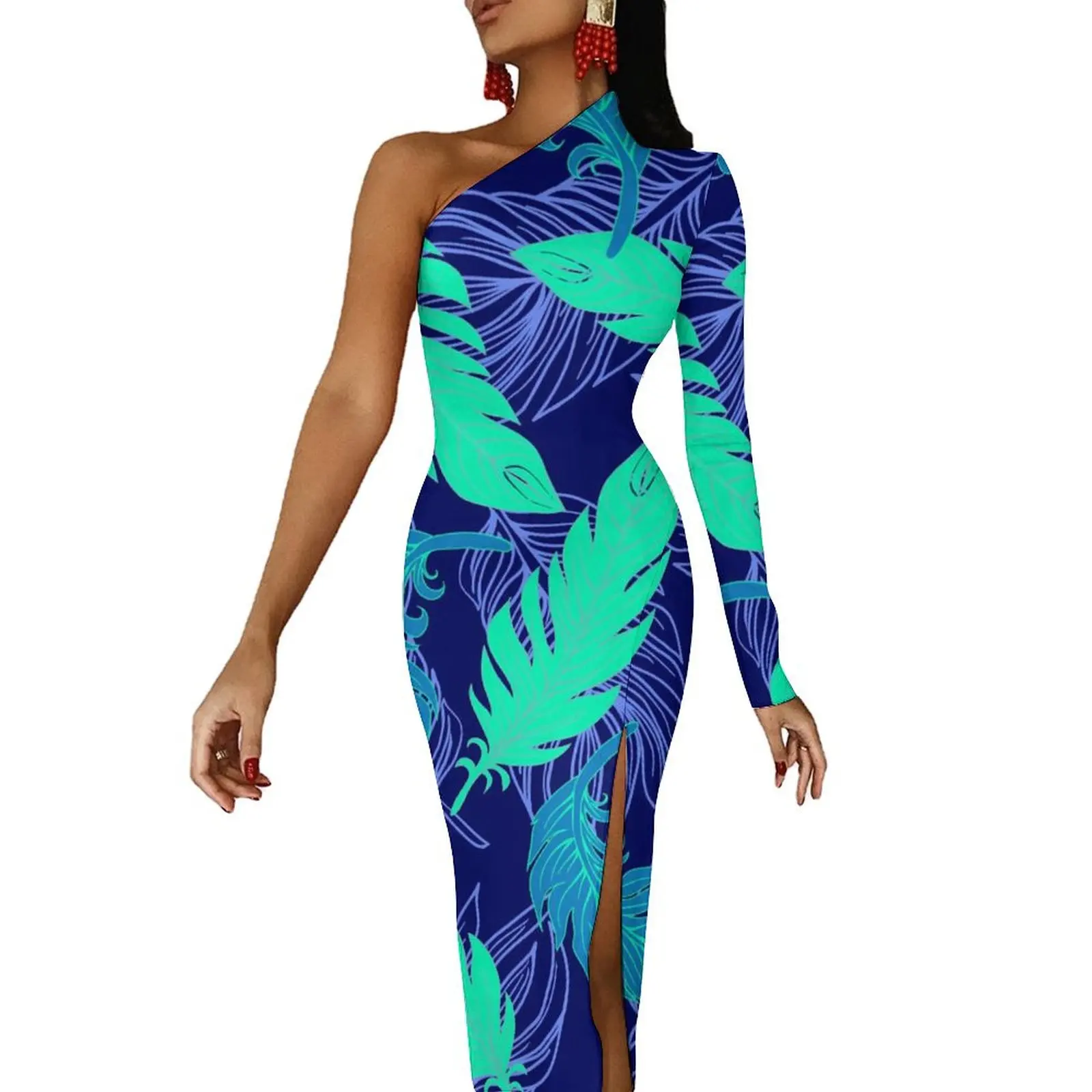 

Leaf Print Maxi Dress Long Sleeve Abstract Art Club Bodycon Dress Autumn Party Long Dresses Woman Custom Vestido