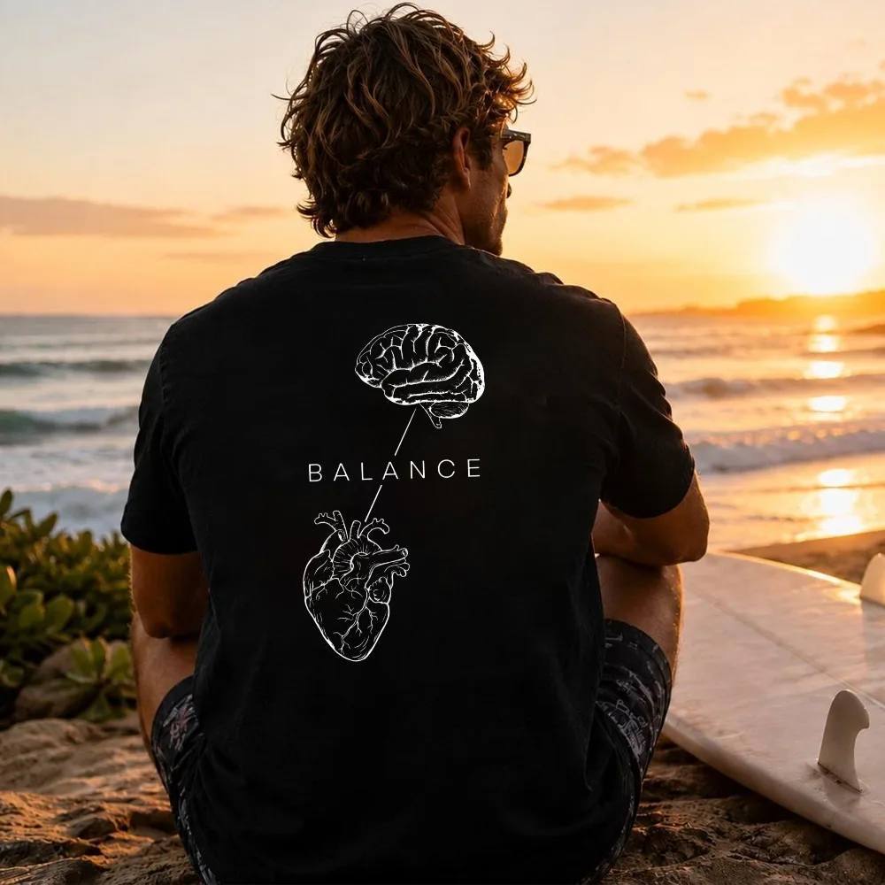 Balance Brain & Heart Double Sided Tee Minimal Human Anatomy Sketch Mind Heart Graphic T-Shirt Men Clothing Streetwear