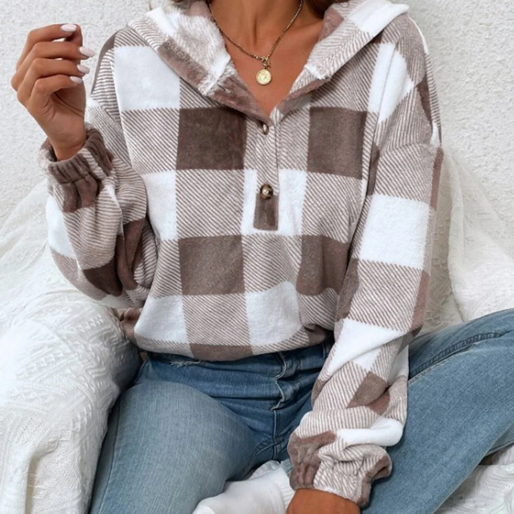 Autumn Plaid Half Open Collar Hoodie Women Long Sleeves Loose Pullover New Style Patchwork Sweatshirt Top Elegant Commuting Tops