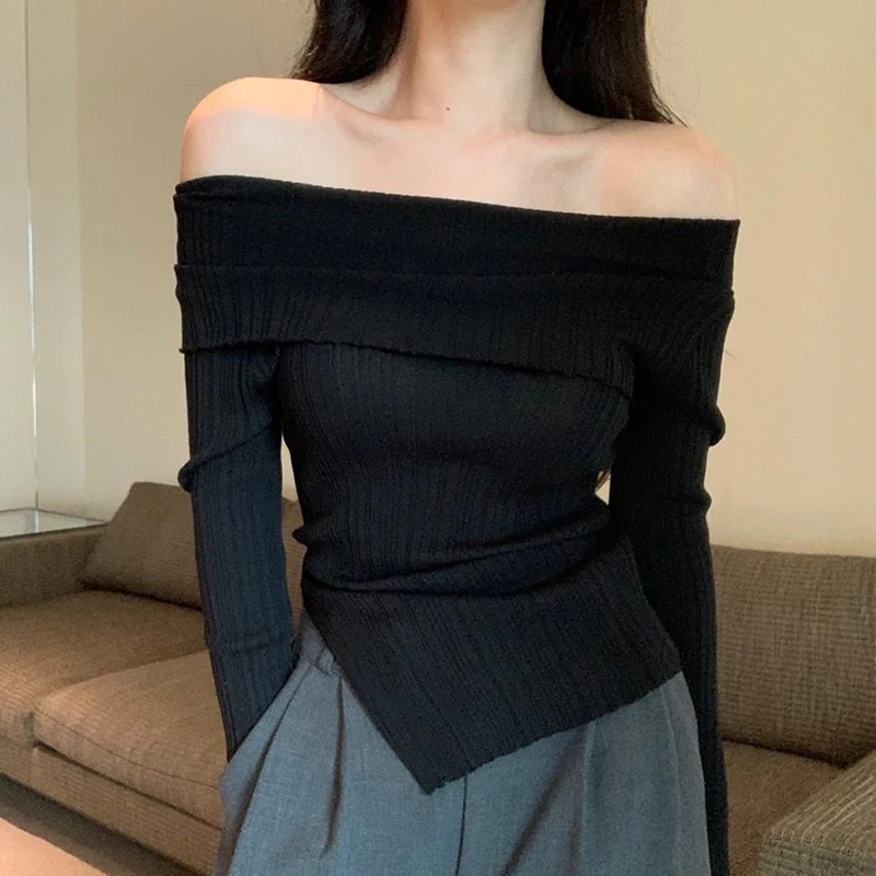 Schulterfreies Strickoberteil für Damen, langärmelig, schulterfrei, gerippter Strickpullover, Damenpullover, Y2K-Outfit