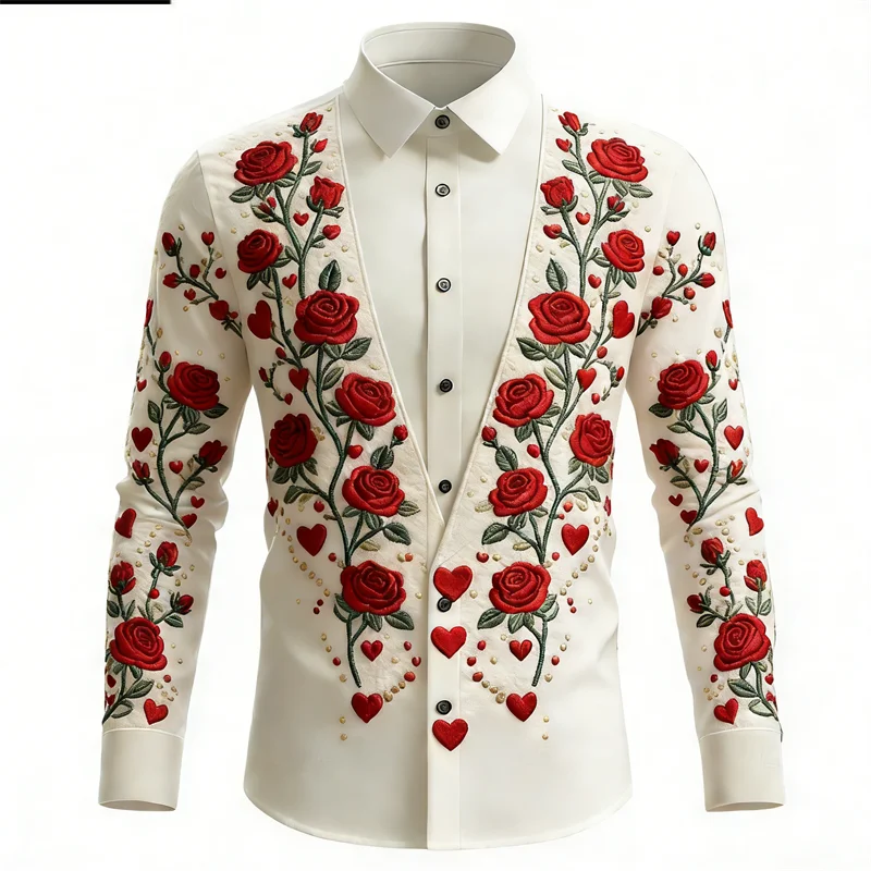 New men's long sleeved shirt with flower pattern 3D printing design, men's lapel button high-definition casual top