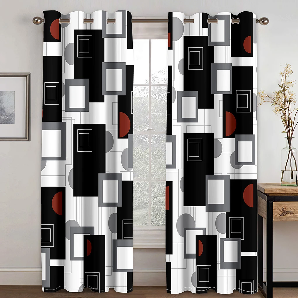 Silver Geometry Square Black & White Curtains 2 Panels Red Blue Living Room Bedroom Kitchen Balcony Windows Decorative Curtains