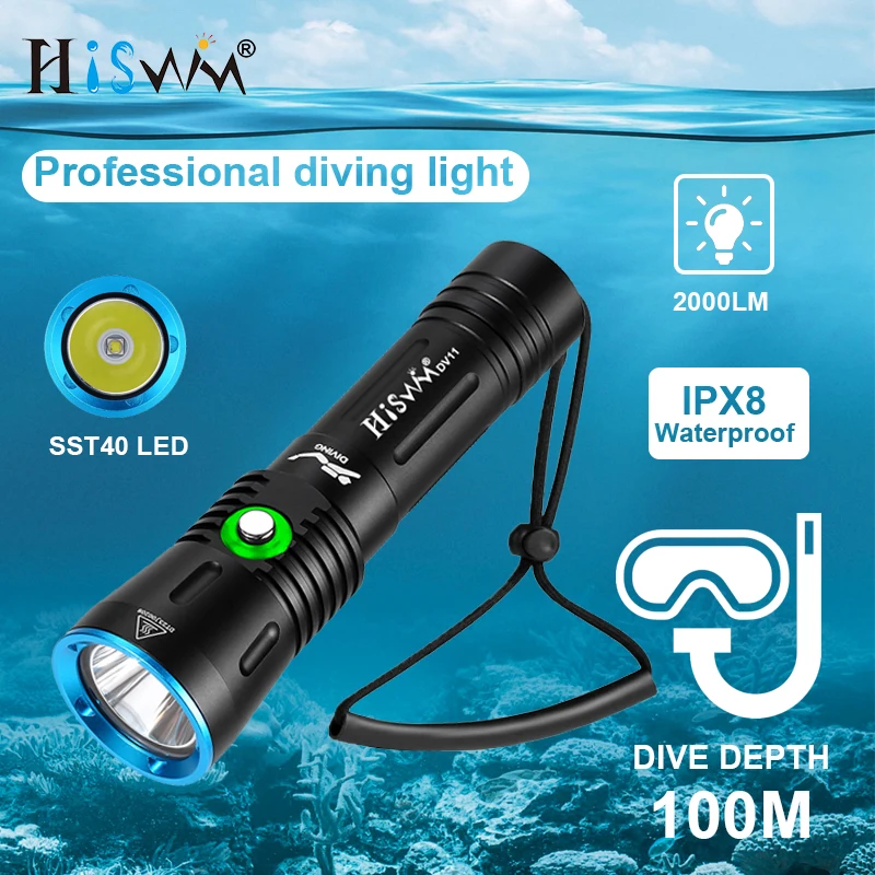 

HISWN DV11 High power Professional Diving flashlight 2000LM SST40 21700 rechargeable led flashlight IPX8 Waterproof