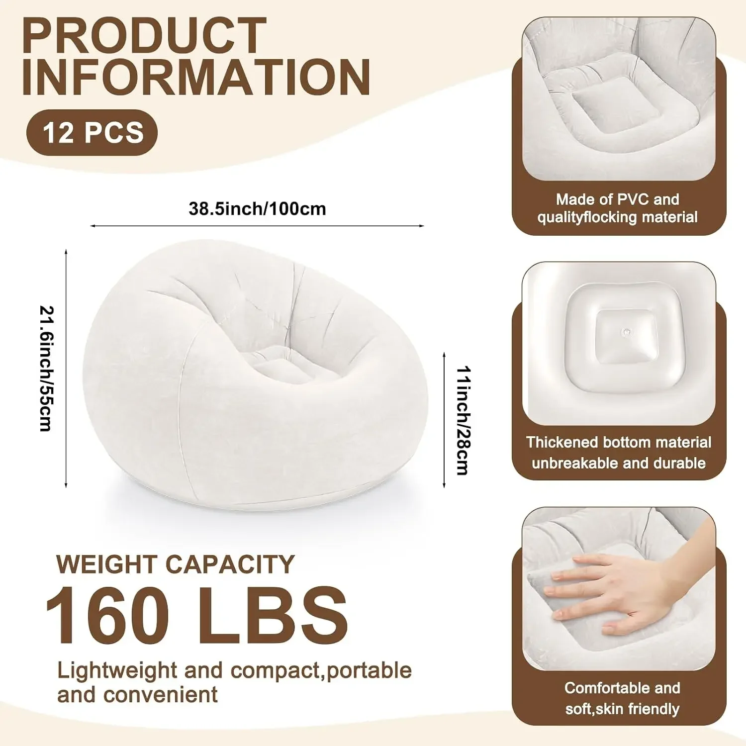 12 Pcs Inflatable Bean Bag Chairs with Electric Air Pump Portable Inflatable Blow up Couch Flocking Lazy Sofa Set for Home, Livi