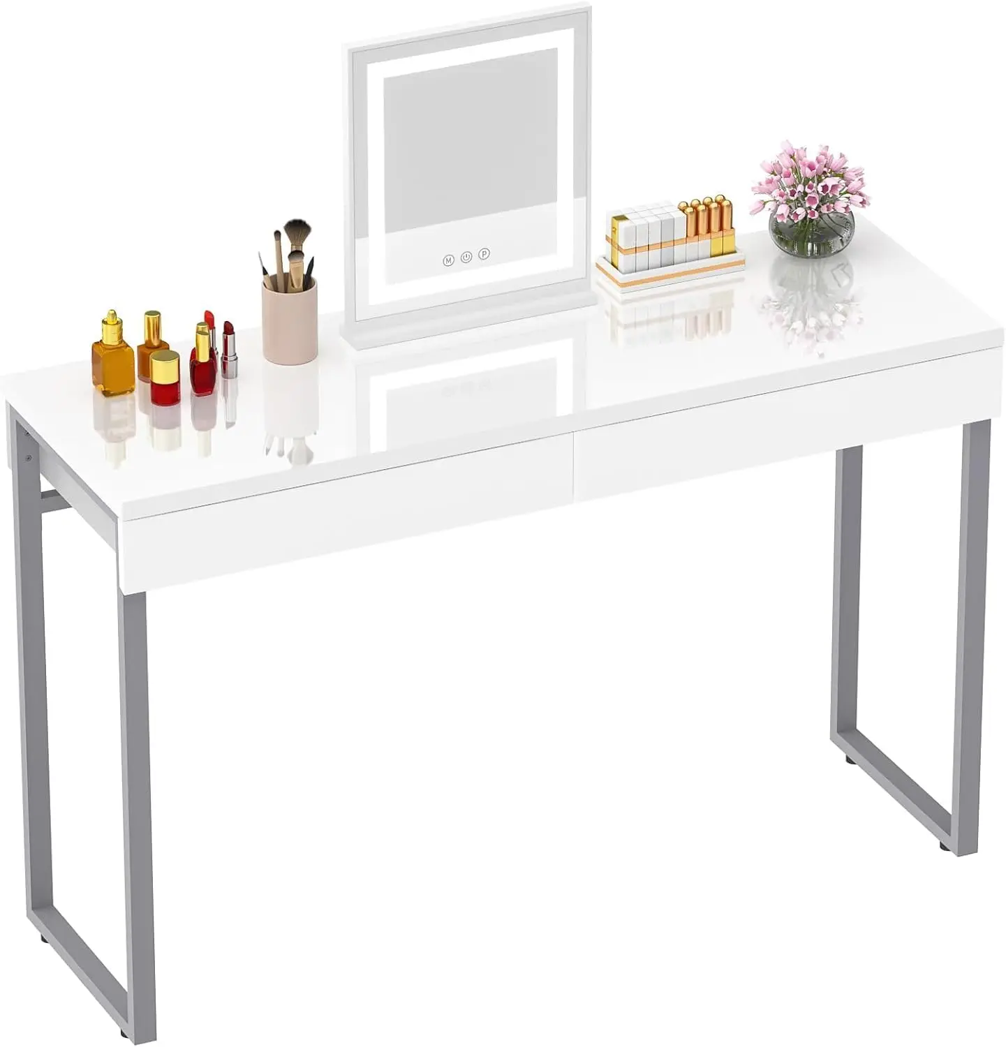

Vanity Desk with 2 Drawers,Glossy Desktop White Desk for Bedroom,Makeup Table with Storage Space,Small Desk for Home Office