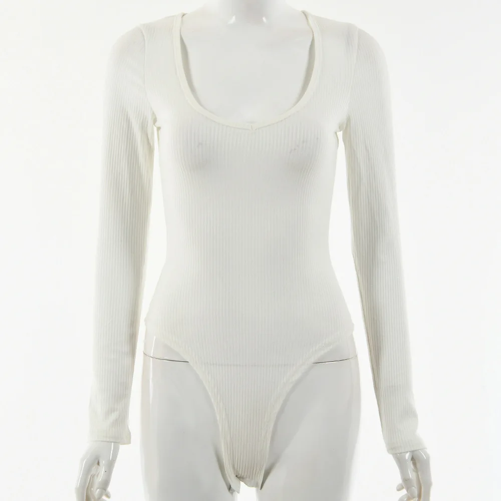 Herfst Winter Basis Shirt Effen Kleur Jumpsuit Gebreid Dames T-shirt U-hals Lange Mouw Top Hoge Taille Afslanken