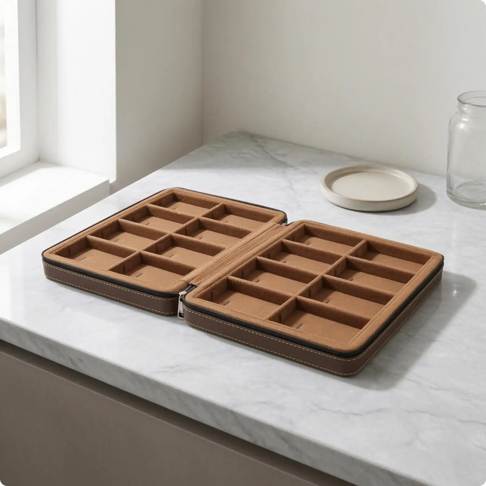 Rigid Double-Layer Jewelry Box | Secure Zippered Closure, Padded Slots for Rings, Exhibitions