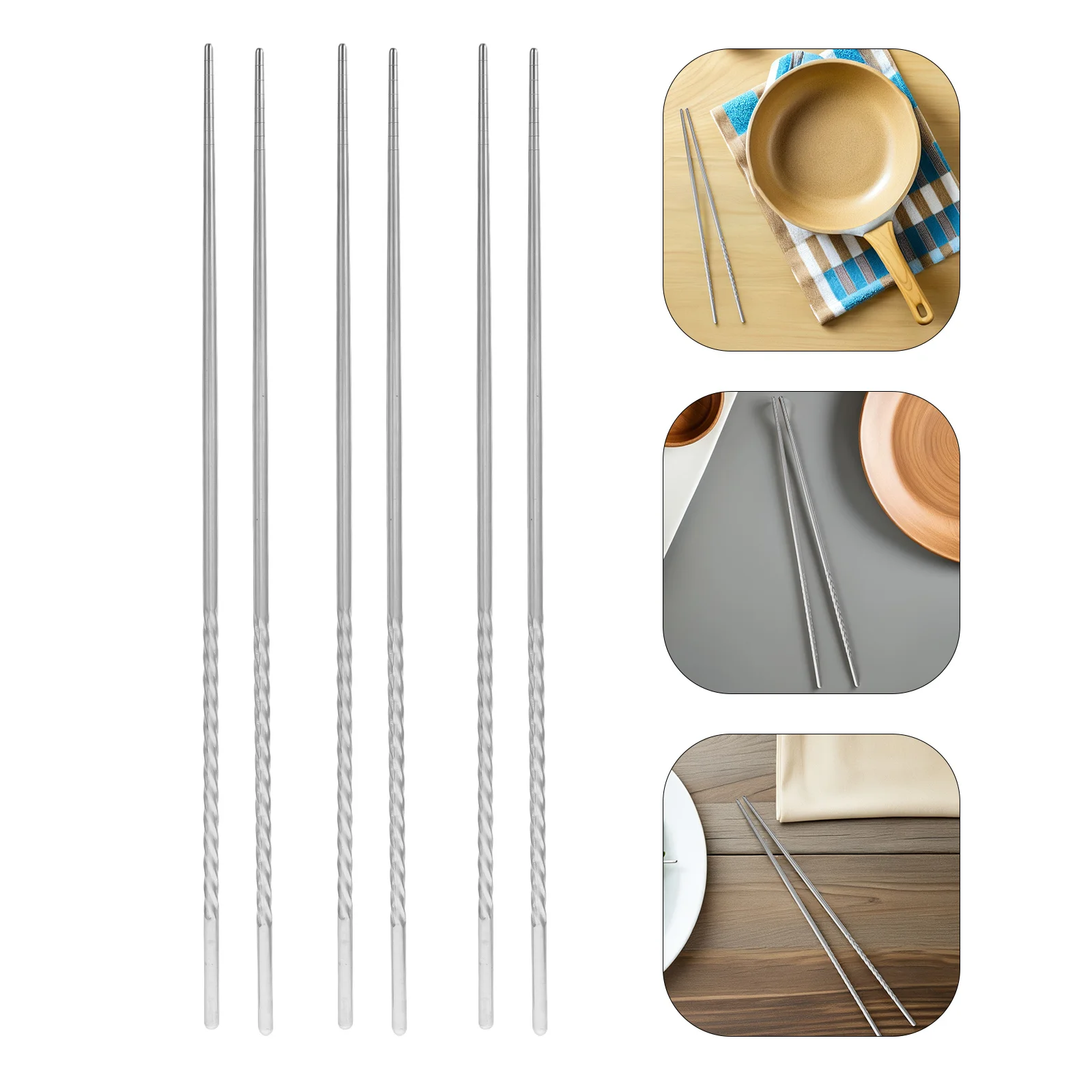 

6Pairs Stainless Steel Cooking Chopsticks Non Slip Threaded Round Reusable Extra Long 15 Inch Frying Food Hot Pot Utensils