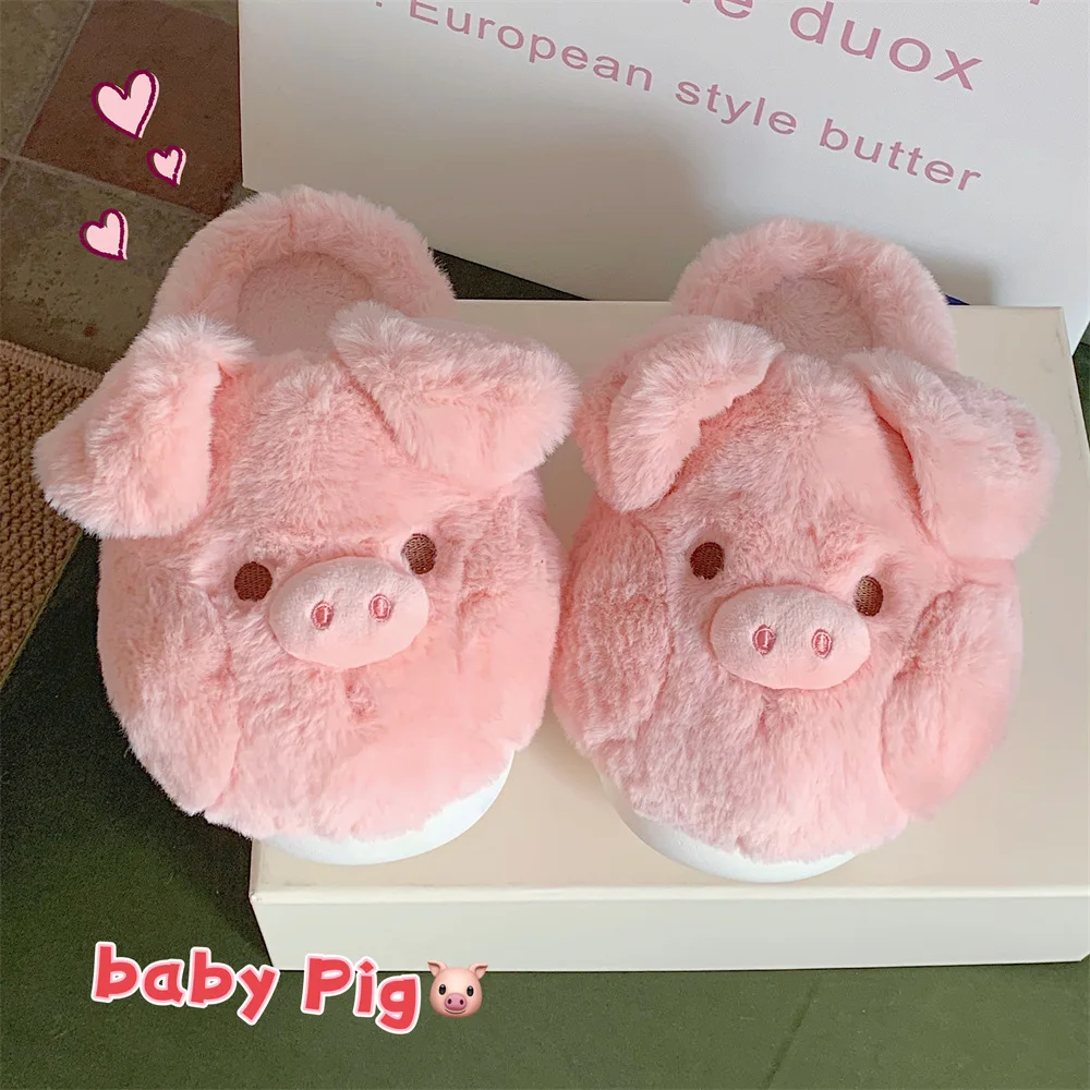 

Winter new pig slipper woman fuzzy fleece piglet slides shoes women's pink bowknot piggy slipper indoor home shoes furry loafer