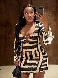kliou Striped Print Women Mini Dress Classic Autumn Full Sleeve Low Neck Cleavage Metal Splice Bodycon Mujer New Street Vestidos