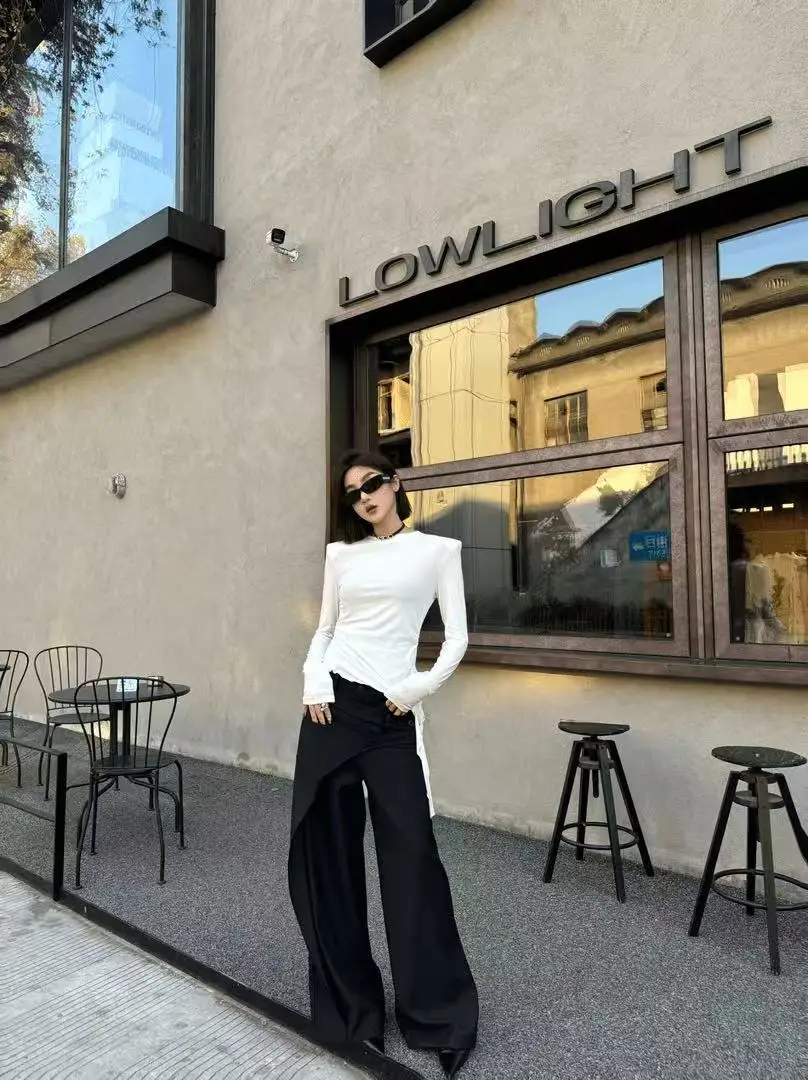 2024 Black Design Wide-Leg Pants Women's Slimming Suit Pant Harajuku High Waist Loose Straight Streetwear Y2k Casual Trousers