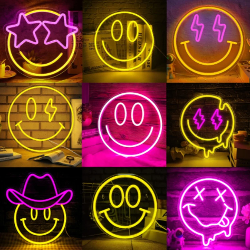 Smile Face Neon Sign LED Neon Light Wall Decor Smiley Face Light Up Signs USB Powered Yellow Neon Signs For Bedroom Pink