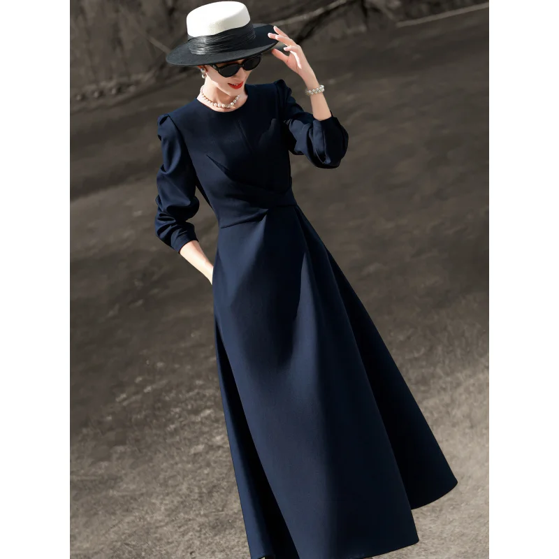 MEXCOCO 2026 Neues Frühlings-Elegantes Pendler-Kleid mit Rundhalsausschnitt, Puffärmeln, Taillenbündchen, schmaler Passform und ausgestelltem A-Linien-Schnitt, Midikleid