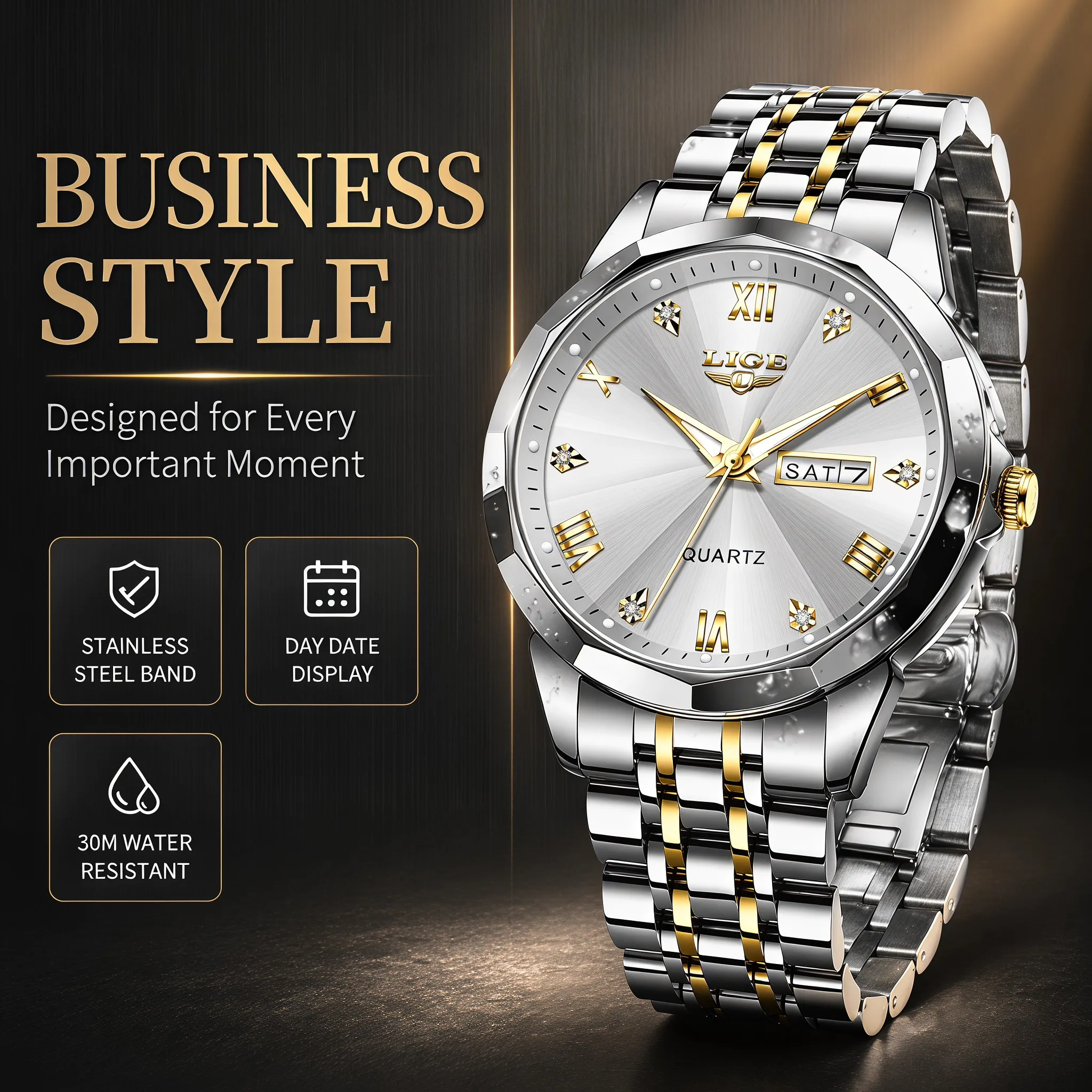 LIGE Neue Uhr für Herren Original Quarz Wasserdichte Männer-Armbanduhr Gold Edelstahl-Armband Hochwertige Luxus-Herrenuhr