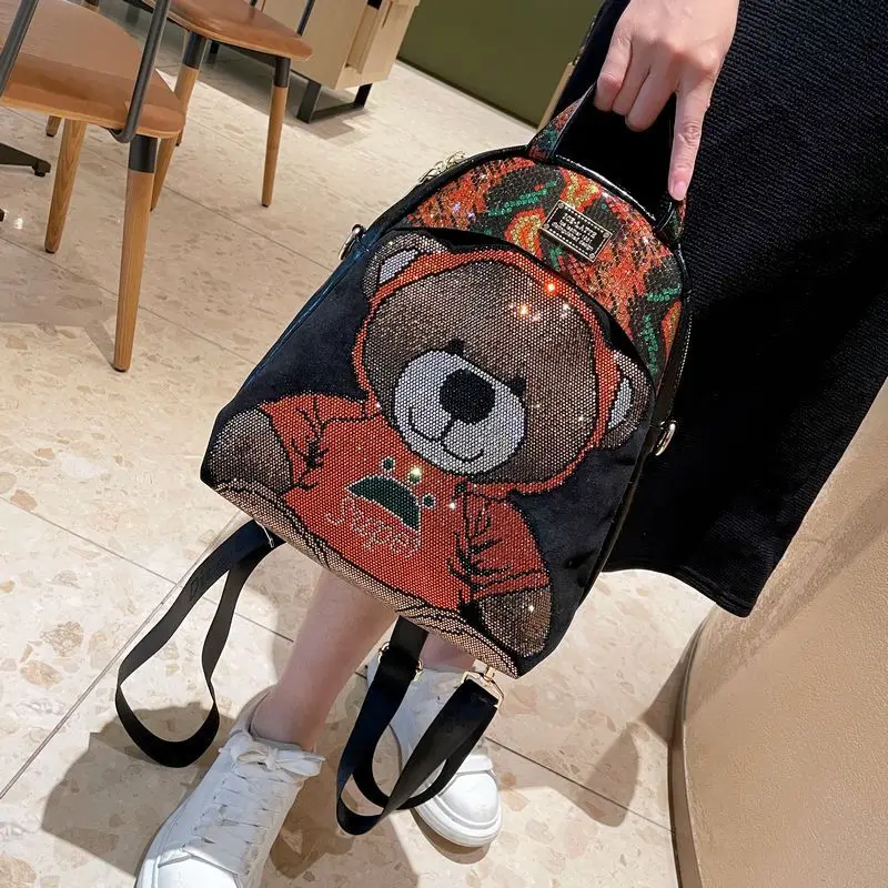 Real Leather Cute Backpack Bear Printting Women\'s Backpack Luxury Designer School Bags Ita Large Capacity Back Pack