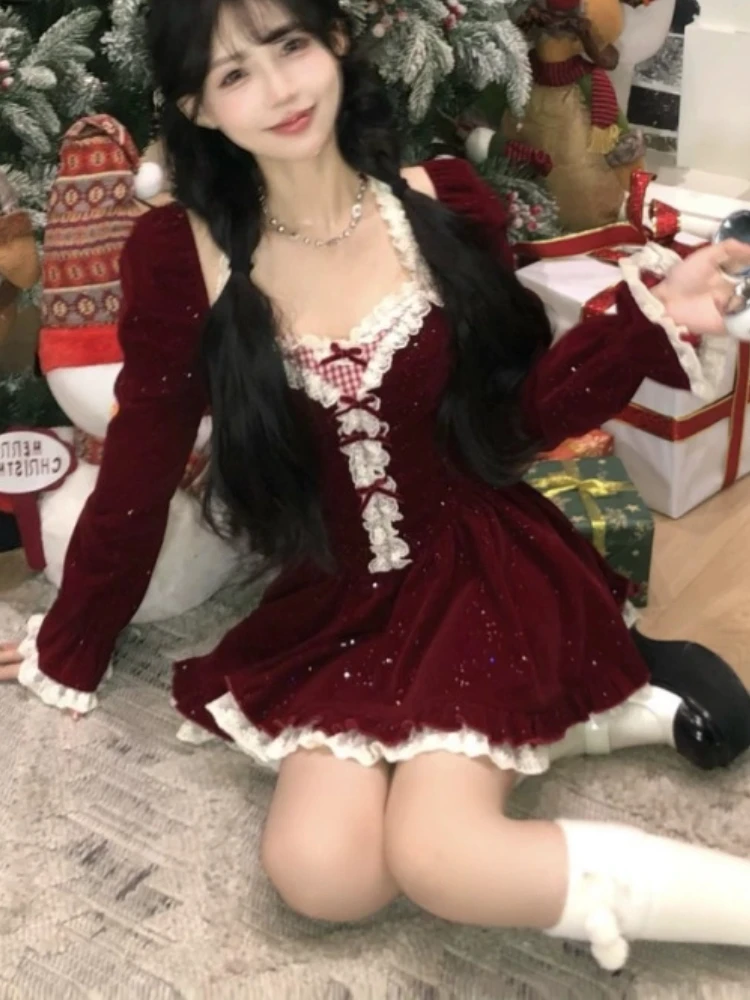 Autumn Winter Large Size Girl French Sweet Girl Christmas Dress Elegant Square Neck Long Sleeves High Waist Age-reducing Dresses