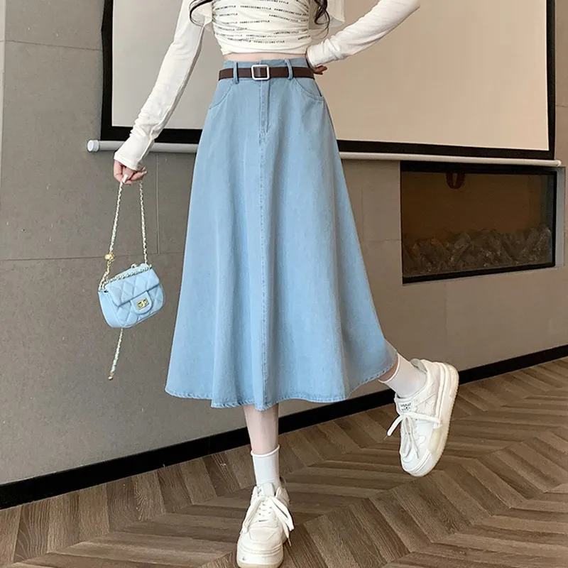 

High Waist Long Skirt Women New Arrival 2024 Spring Korean Style Solid Color Basics Denim Ladies A-line Casual Skirts W1580