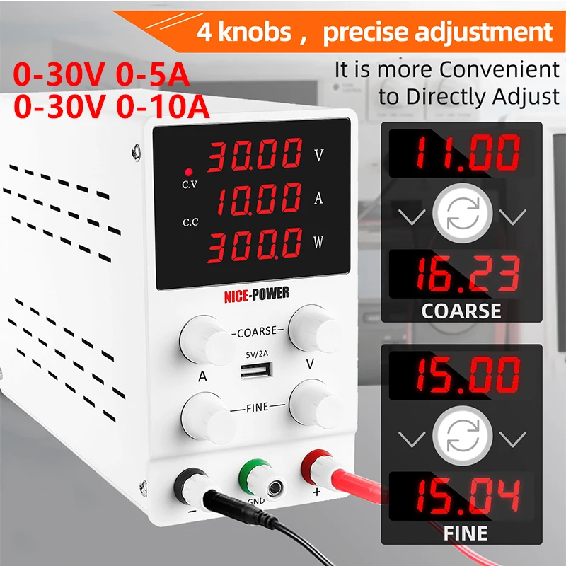 

30V 5A DC Power Supply Adjustable with 4 Precision Knobs-USB Charging Integration Steady Output for Phone Repair&Circuit Testing