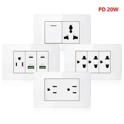 White Crystal Glass American Standard Fast Charging USB C Wall Universal Outlet, Us 110V Light Switch, Mexican Socket 118mm*74mm