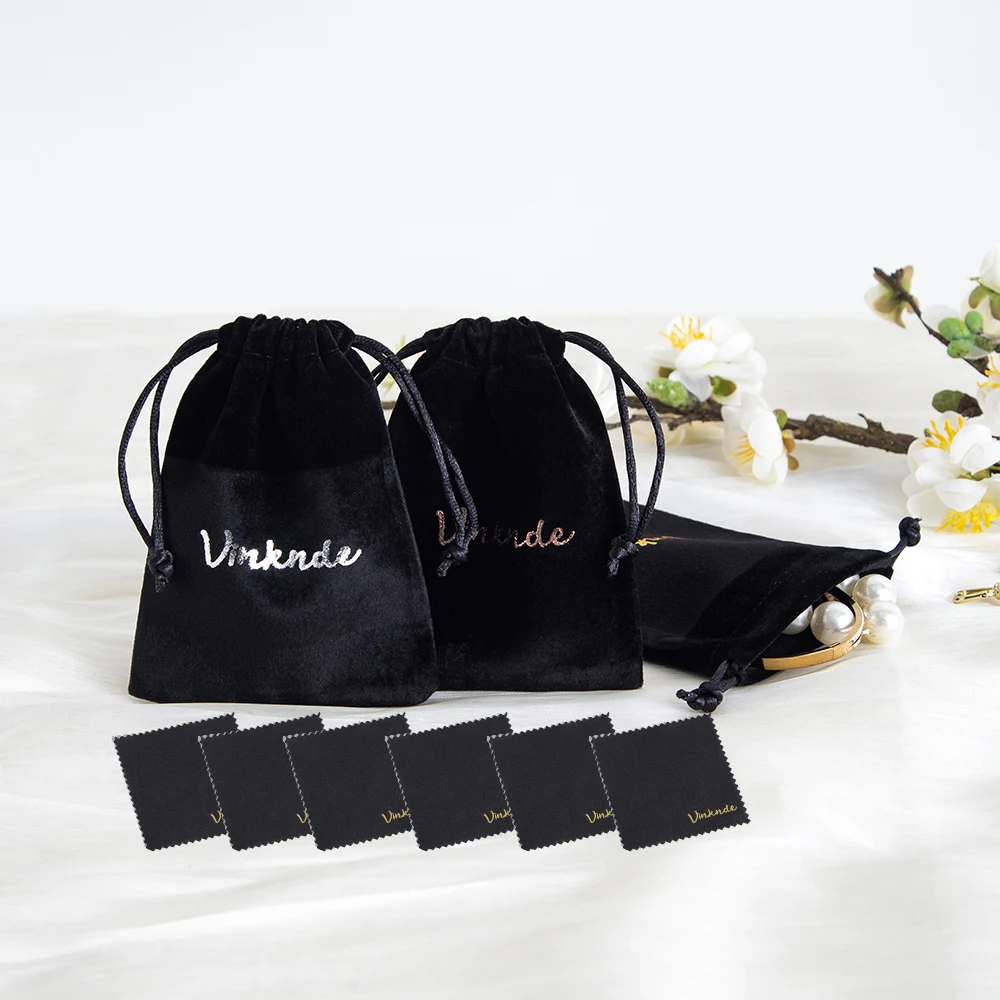 Customised logo Plush Thick Velvet Black Pouches With Polishing Cloth Women's Jewelry Storage Bridal Gift Organizer Cleaning