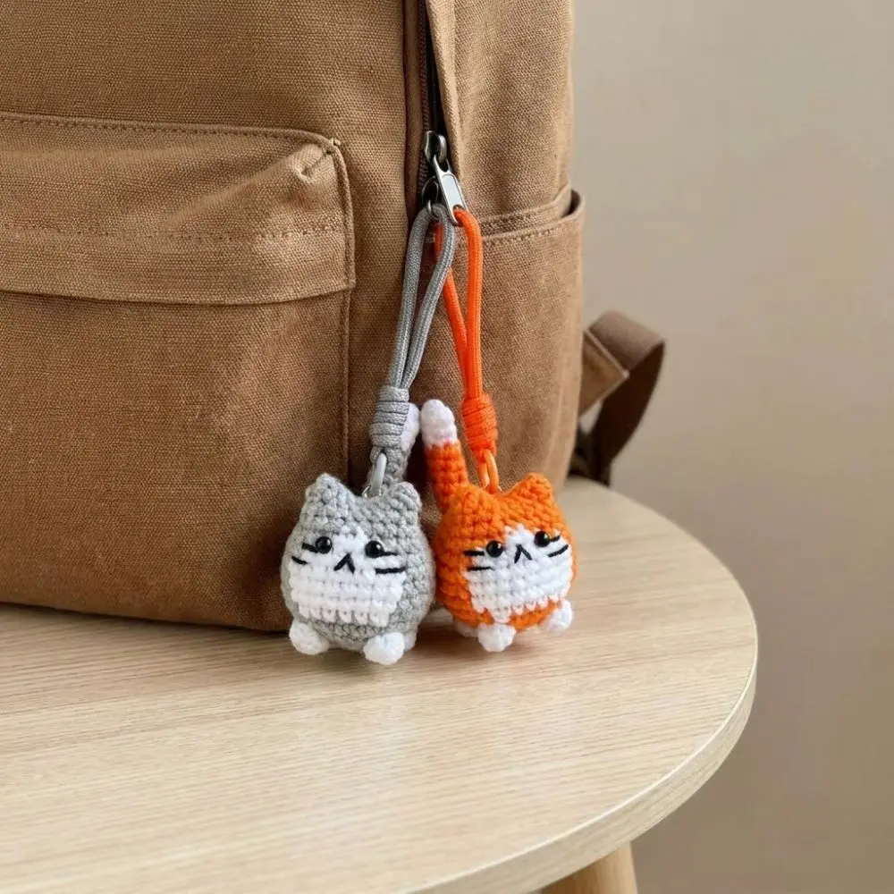 Handwoven Hand Crochet Cat Keychain Soft Cute Braided Strap Knitted Kitten Keyring Multi Color Animal Cat Wrist Carry Charm