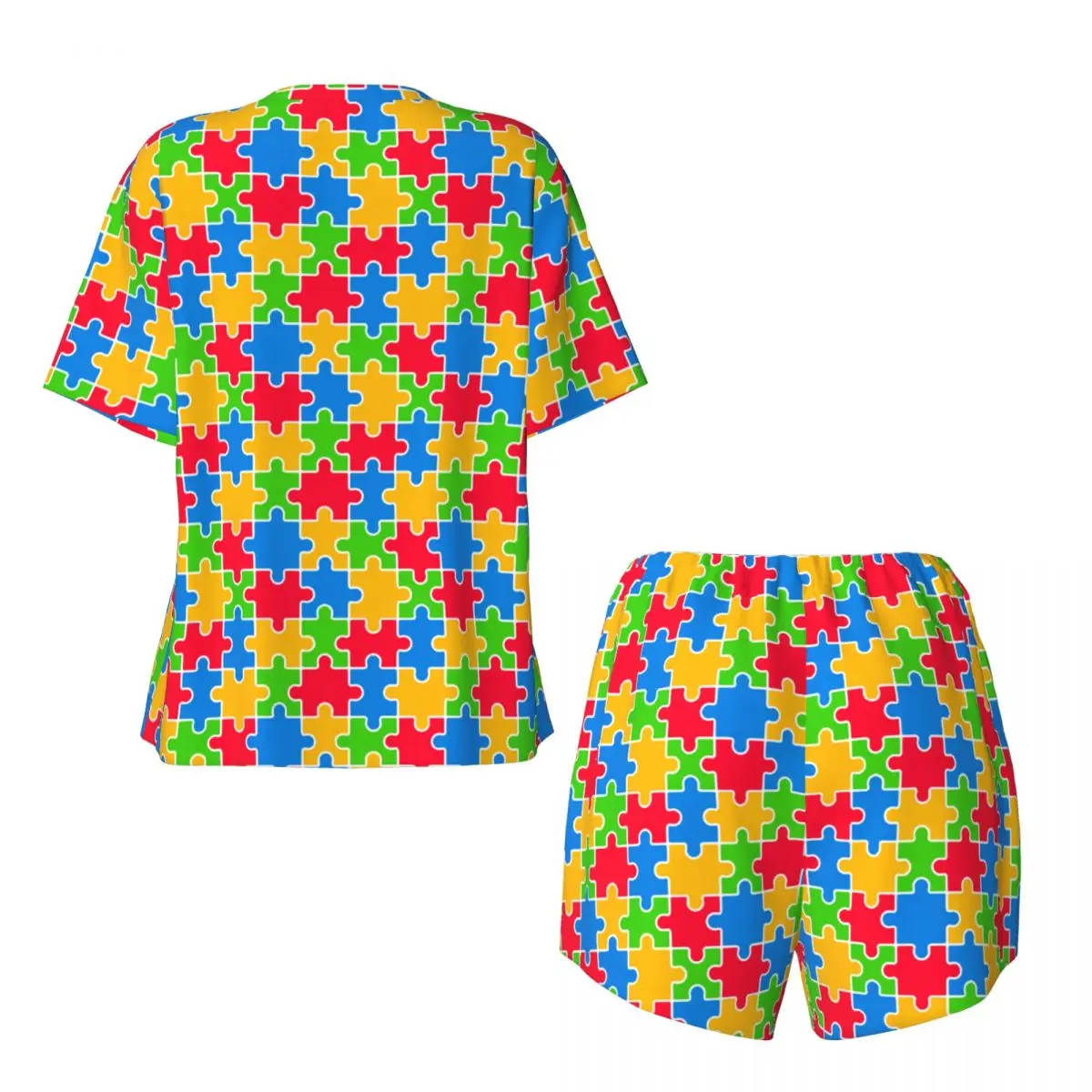 Custom Print Vrouwen Kleurrijke Puzzel Autisme Bewustzijn Pyjama Set Korte Mouw 2 Delige Nachtkleding Pjs Lounge Sets