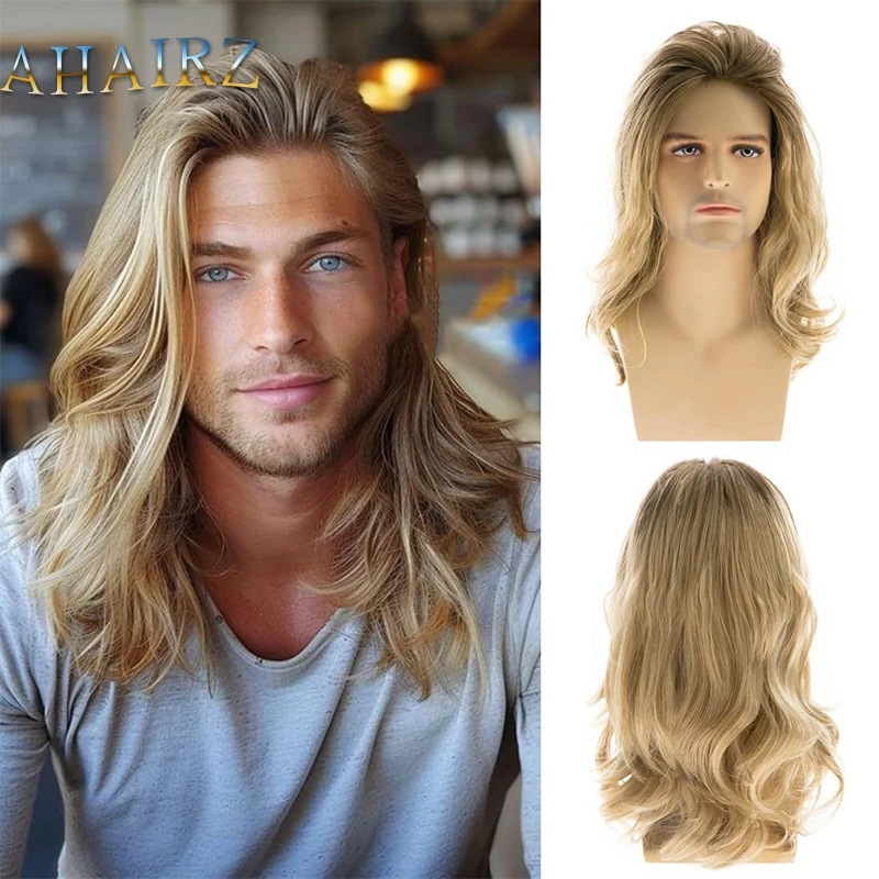 

Synthetic Long Wave Brown Gold Gradient Layered Wig with Side Bangs for Men Daily Cosplay Party Use Fake Hair Heat Resistant