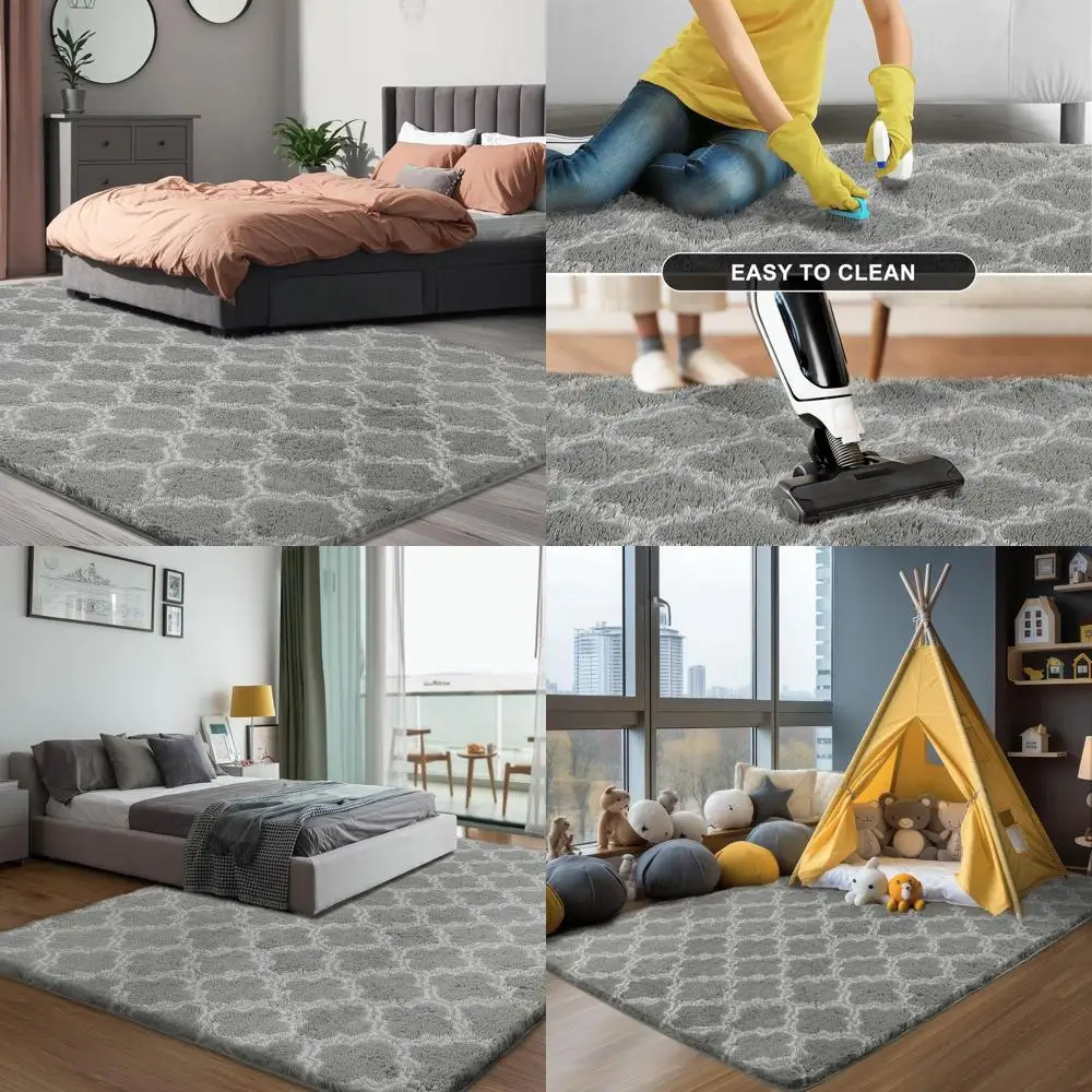 

8x10 Light Grey/White Geometric Shag Rugs for Living Room, Bedroom, Kids' Rooms, and Nursery - Non-Slip Indoor Decor