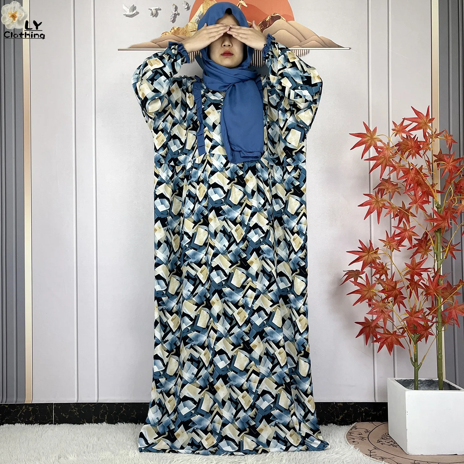 New Muslim Long Sleeves Abaya For Women Ramadan Prayer Garment Dubai Turkey Femme Robe Cotton Loose African Dress Turban Joint