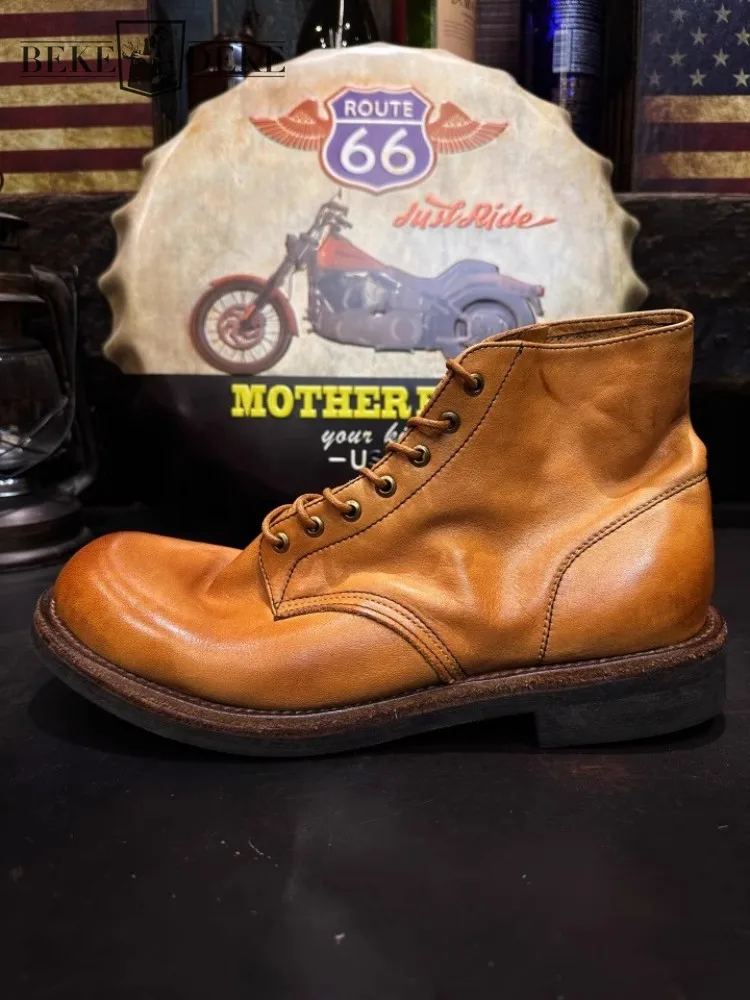 

Design British Style Vintage Mens Motorcycle Short Boots Lace Up Handmade Cowskin Genuine Leather Shoes Male Casual Cargo Boots