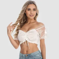 Sexy Beer Dirndl Blouse Bavarian Oktoberfest Costume Lace-Up Blouse Wrap Crop Tops White Lace Dirndl Blusa Mujer Moda 2024