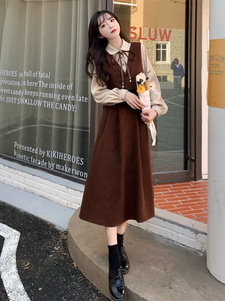 Woherb Vintage Dress Women Preppy Style Patchwork Fake Two Tunic Robe Vestido Feminino Korean Elegant Dresses Vestidos De Mujer